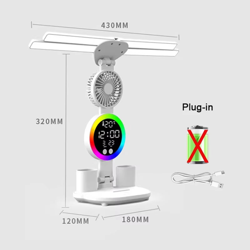 Rechargeable Table Lamp for Study, Desk Lamp Reading Light Led Table Light with Fan, Led Clock Dispaly Reading Lamp